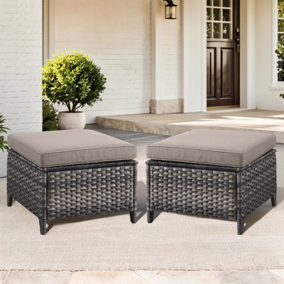 Ensemble de 2 repose-pieds d'extérieur en osier PE avec coussins en oléfine amovibles pour le jardin, le patio, la cour et la terrasse