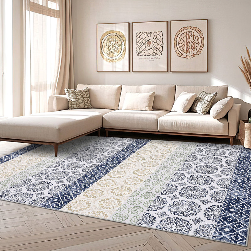 Large Boho Vintage Floral Geometric Area Rug Washable, Non Slip, Mark Resistant, Soft Low Pile Oriental Carpet for Living Room, Bedroom, Dining Room Blue, 9x12ft (274x366cm), United States