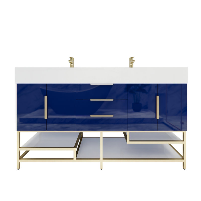 Ensemble de meuble-lavabo double 59 po Glasgow, Bleu nuit ultrabrillant