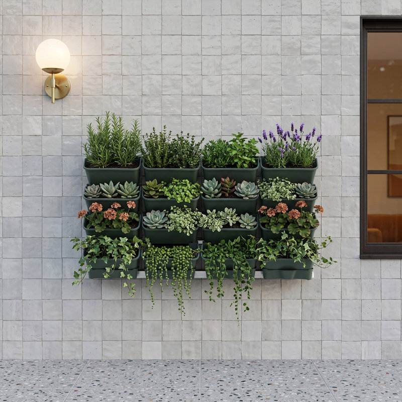 Ensemble de 16 pots de fleurs muraux avec bassin de drainage et tuyau d'évacuation, Vert