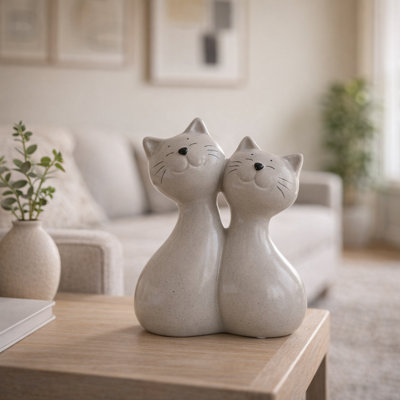 Figurine moderne en céramique assise pour chat pour la maison - Décoration d'objets décoratifs pour la décoration de salon ou de vestibule - Gris