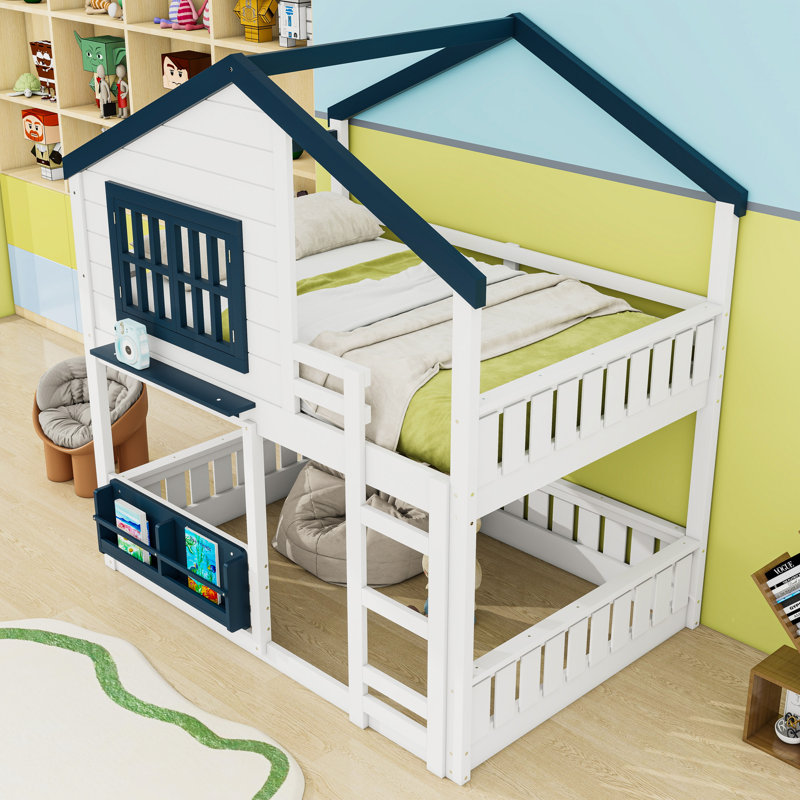 Wood Bunk Bed With Bookshelf, Full, White/Blue
