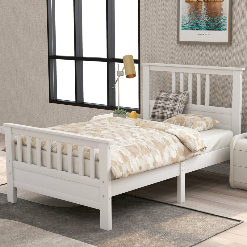 Lit simple en bois blanc avec tête de lit lumineuse et plateforme pour lit blanc - support solide à 10 lattes, facile à installer