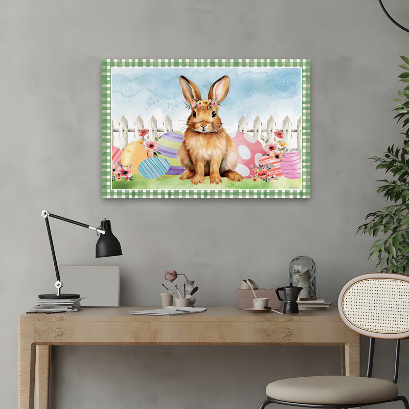 Lapin de Pâques et œufs de Pâques - Lapin de ferme moderne avec couronne de fleurs, H 24 po x l 16 po