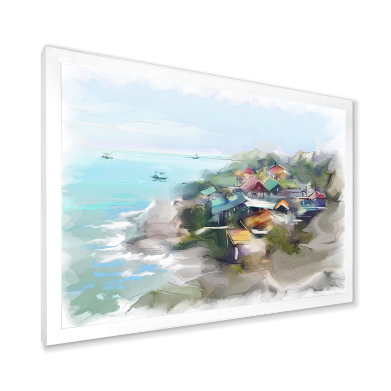 Maison de rêve par le paysage marin - peinture sur toile, H 24 po x l 32 po, Toile blanche avec cadre d'angle fermé