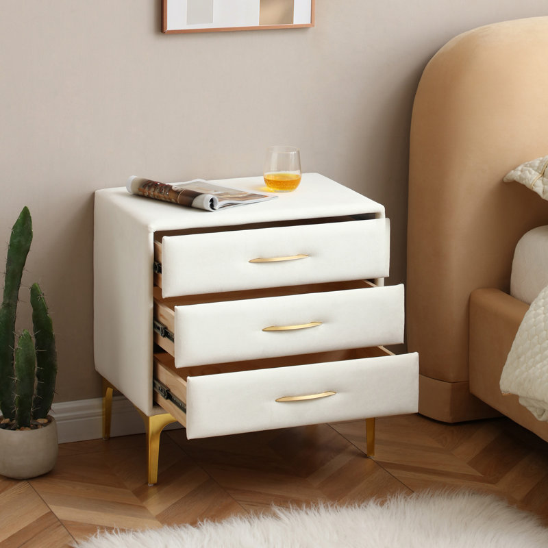 Elegant Velvet Upholstered Nightstand With Gold Legs, Cream Velvet 
