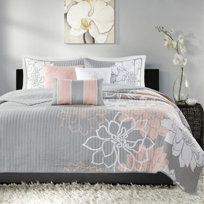 6 pièces de courtepointe, gris / pêche, double / grand, imprimé en coton, design réversible, chaleureux et élégant, 3 coussins décoratifs imprimés en coton 6 pièces, élégance,