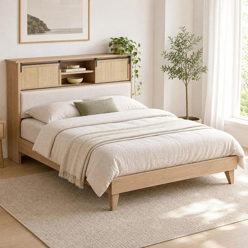 Cadre de lit Queen Size en rotin avec tête de lit de rangement, lit plateforme de style ferme avec tablette, lit en bois, silencieux, antidérapant, sans sommier, montage facile