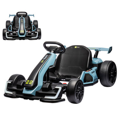 Kart électrique 24 V pour enfants avec deux moteurs de 150 W, modes de dérive et de sport, 4 vitesses, siège réglable à 3 niveaux, lumières DEL, musique, USB / AUX, vitesse maximale de 12 km / h, bleu