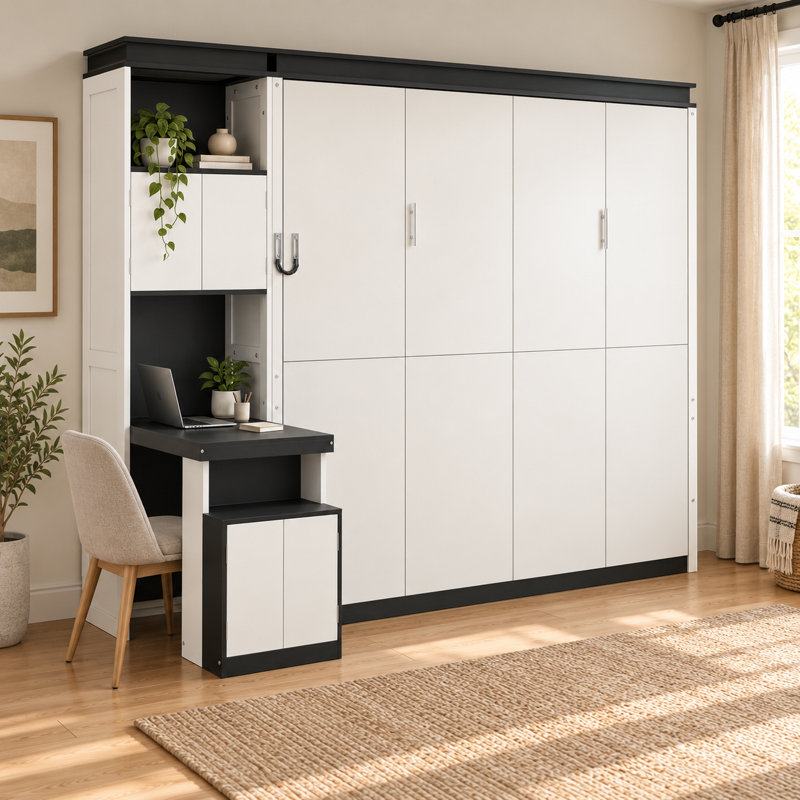 Lit escamotable Deskelyn Queen Size avec bureau intégré, étagères et placards de rangement réversibles, lit mural pliable blanc gain de place, cadre en bois massif et MDF, sommier à lattes en pin
