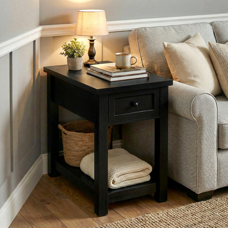 Solid Wood End Table with One Drawer and Charging Station, Black, 1