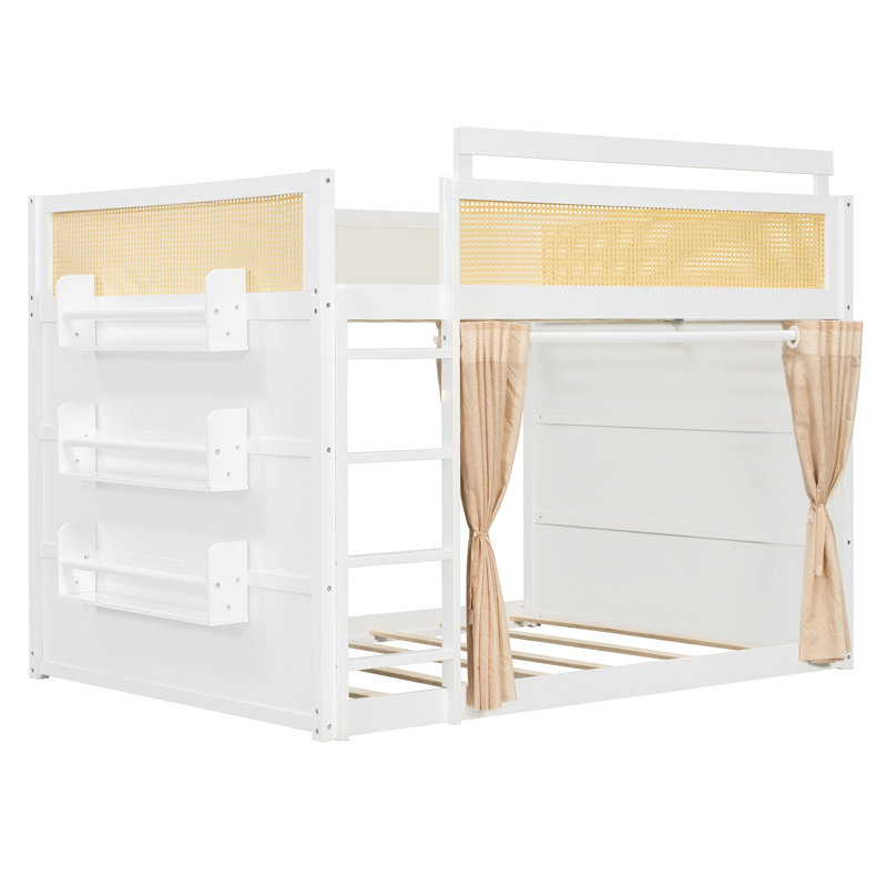 Lit superposé double avec tablette de rangement à 3 niveaux, décor en rotin, rideaux et lumières d'intimité, cadre de lit superposé en bois moderne - blanc