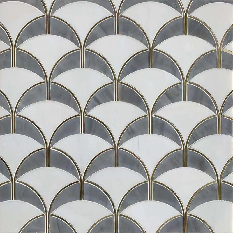 Thassos & Gray Shell Waterjet With Gold Accents 14-In X 13-In Polished Waterjet Mosaic Floor And Wall Tile(1.26-Sq. Ft/ Piece)