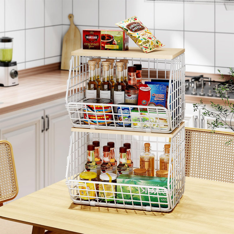 2 pièces Panier de fruits en fil métallique avec plateau en bois - Rangement et rangement pour garde-manger, Paniers suspendus empilables