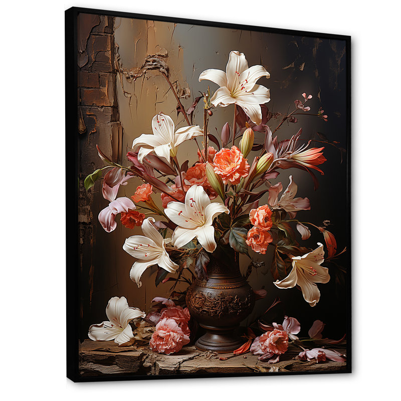 Fleurs brunes rétro nature morte, Cadre flottant noir, 32" H x 24" W