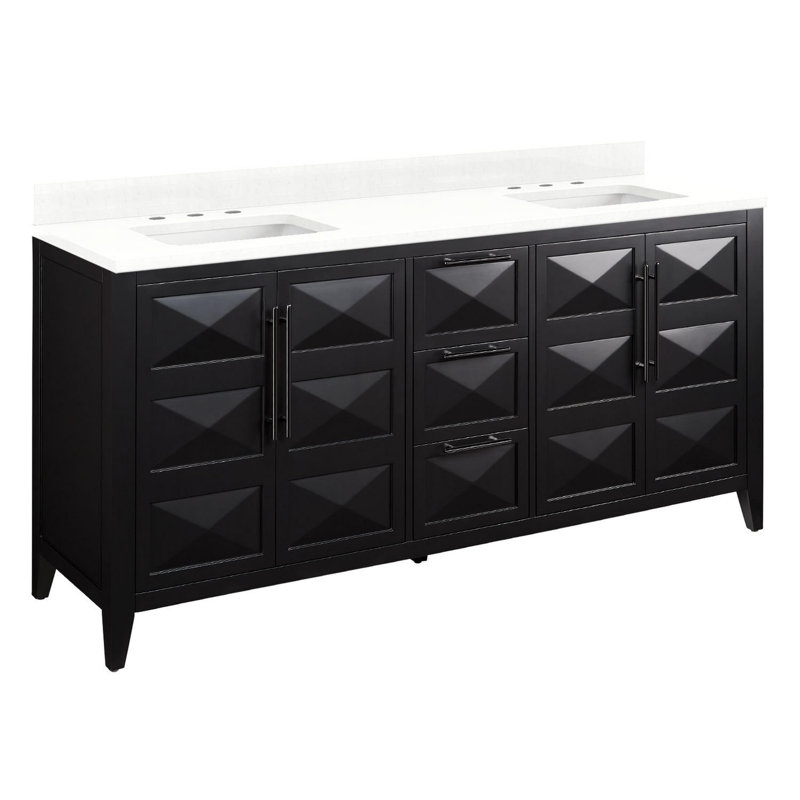 72" Holmesdale Vanity with Rectangular Undermount Sinks, Black, Feathered White Quartz, 8" Widespread