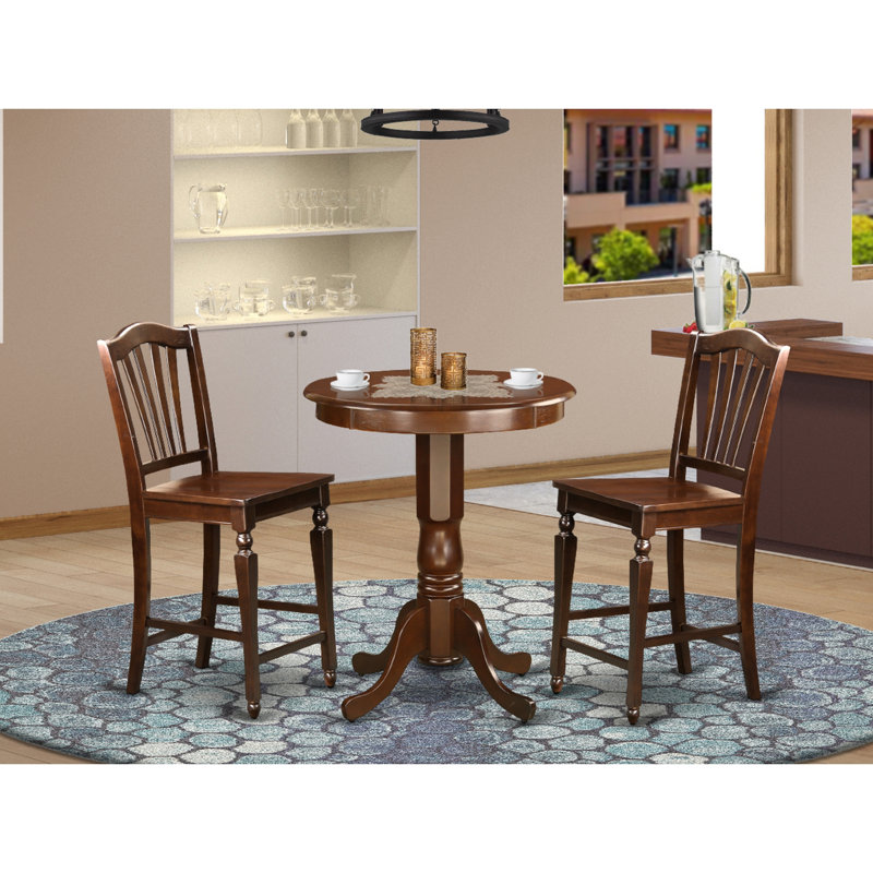 Smithson Solid Wood Top Pedestal Dining Set, 3 Pieces: 1 Table, 2 Chairs, Wooden Seat, Cherry/Black