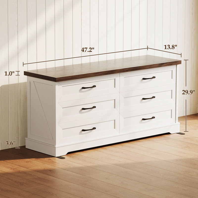 RosaRio Horizontal Farmhouse Dresser With 6 Spacious Storage Drawers & Richly Rustic Aesthetic, Brown/White