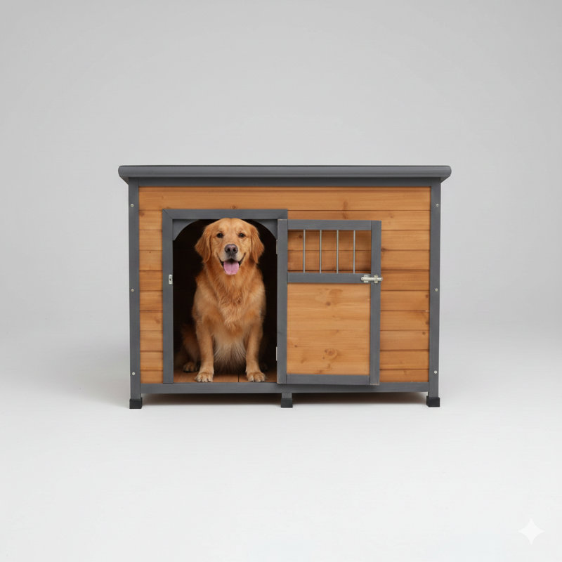 Grand abri pour chien en bois massif de 45 pouces, équipé d'un toit en plastique PVC imperméable et de panneaux de porte en bois respirant