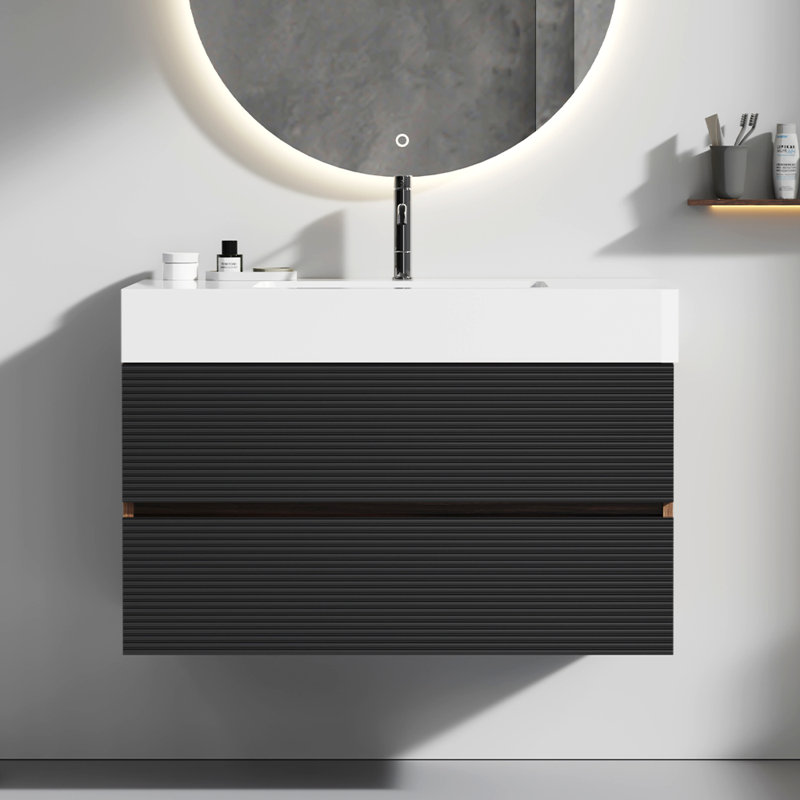 Meuble-lavabo 36 po en noyer avec tiroirs noirs doux et lavabo à surface solide, Noir; brun / blanc brillant