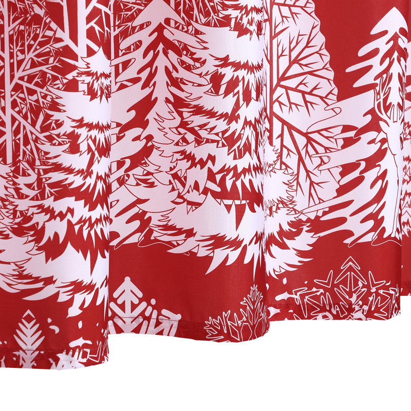 Red Waterproof Christmas Shower Curtain with Tree & Snowflake Print | Weighted Bottom, Machine Washable, Hooks Included – Festive Holiday Bathroom Decor