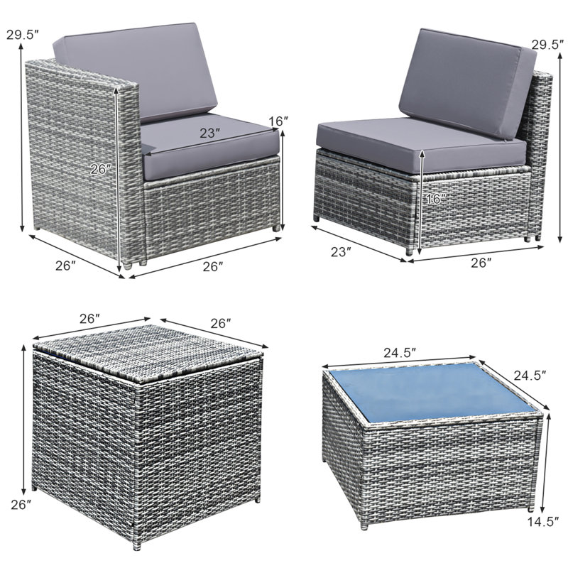 Ensemble de conversation modulaire en rotin avec coussins 8 pièces Burand, Gris