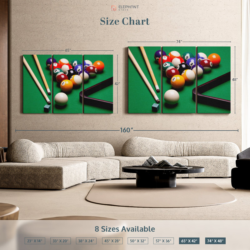 «Game Of Billiards», 3 pièces sur toile, H 48 po x l 74 po x P 1,25 po