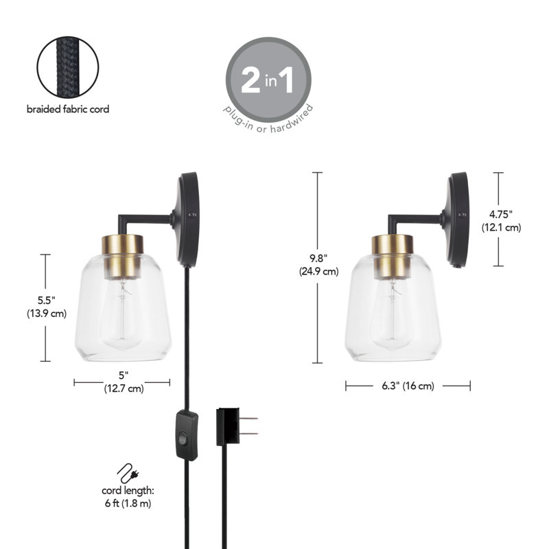 Salma Plug-in Armed Sconce, Matte Black with Brass