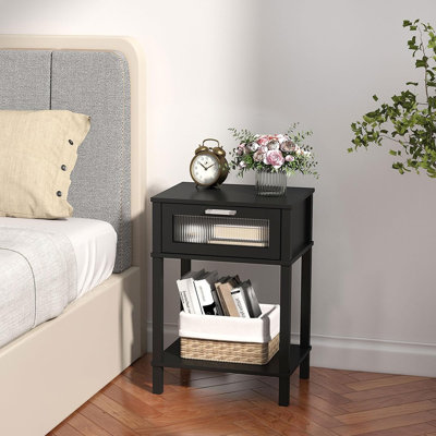 Nightstand Wooden Bedside Table With Drawer Black Night Stands M...