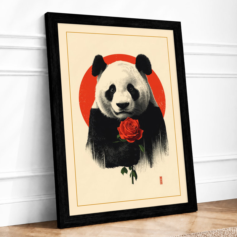 Panda With Rose Japandi - Print, Black, A4 - 29.7 x 21.0 cm