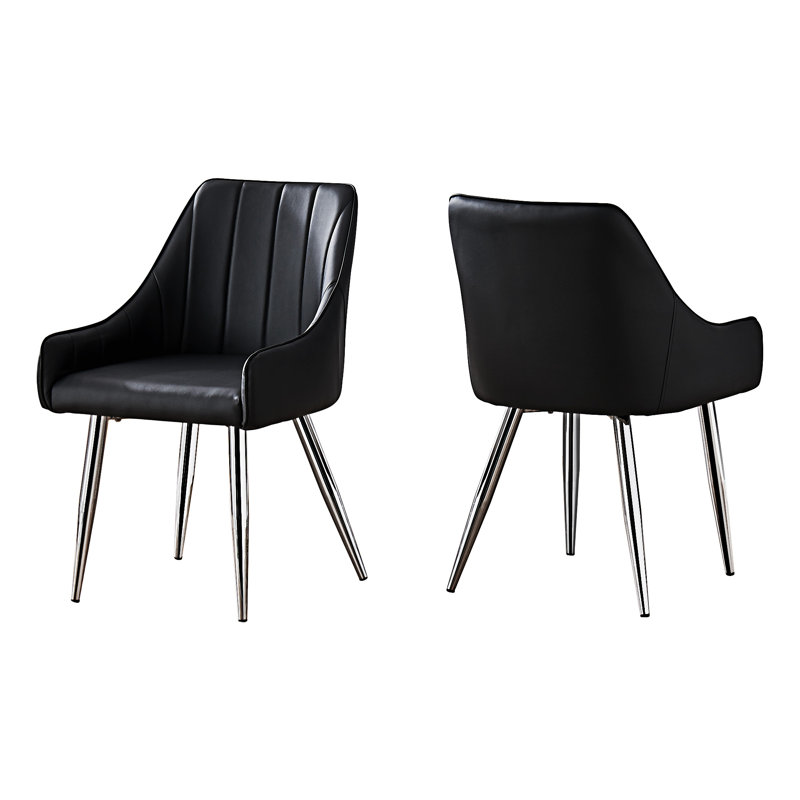 Black Faux Leather Upholstered Dining Chair with Silver Metal Legs, Set of 2