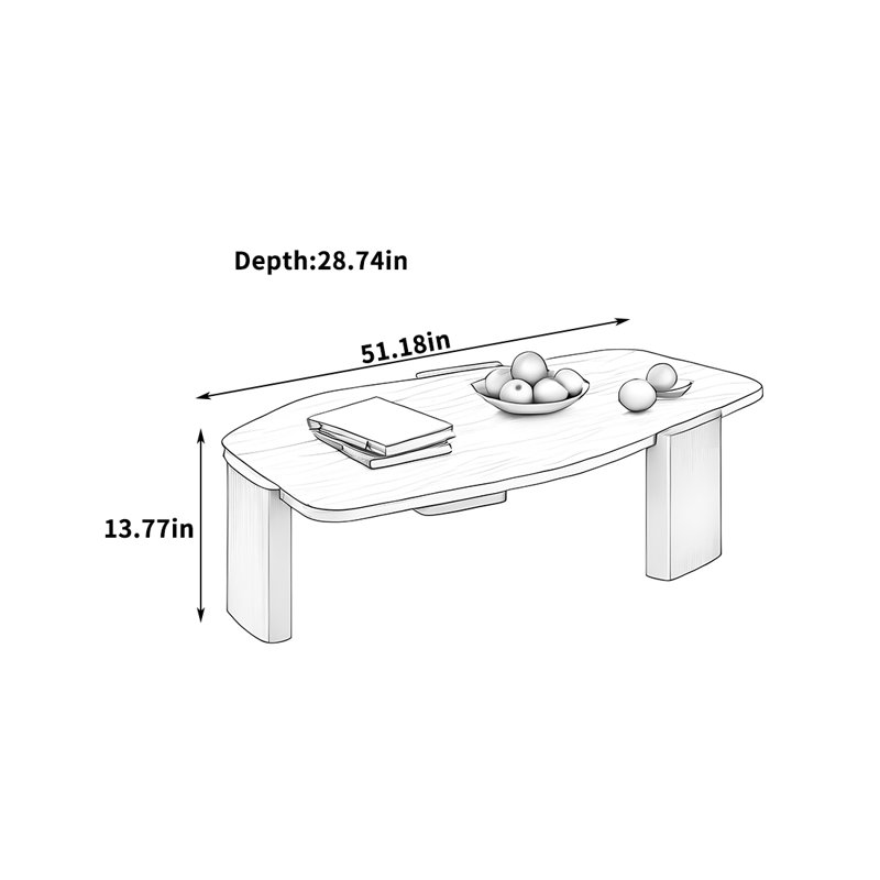 Table basse en marbre avec pieds en bois massif, H 13,77 po x L 51,18 po x l 28,74 po, Tanné