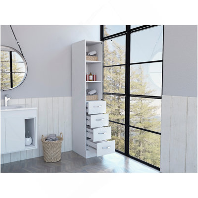 Linen Cabinet 68" H, Three Shelves, Four Drawers And Metal Handles, White