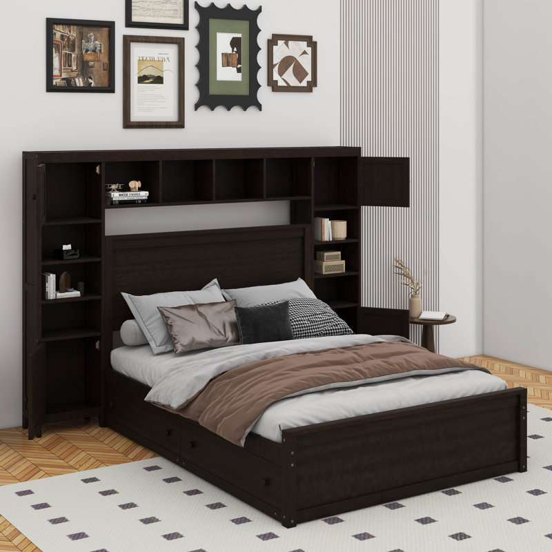 Grand lit en bois avec armoire et lit gigogne, Espresso, Grand lit