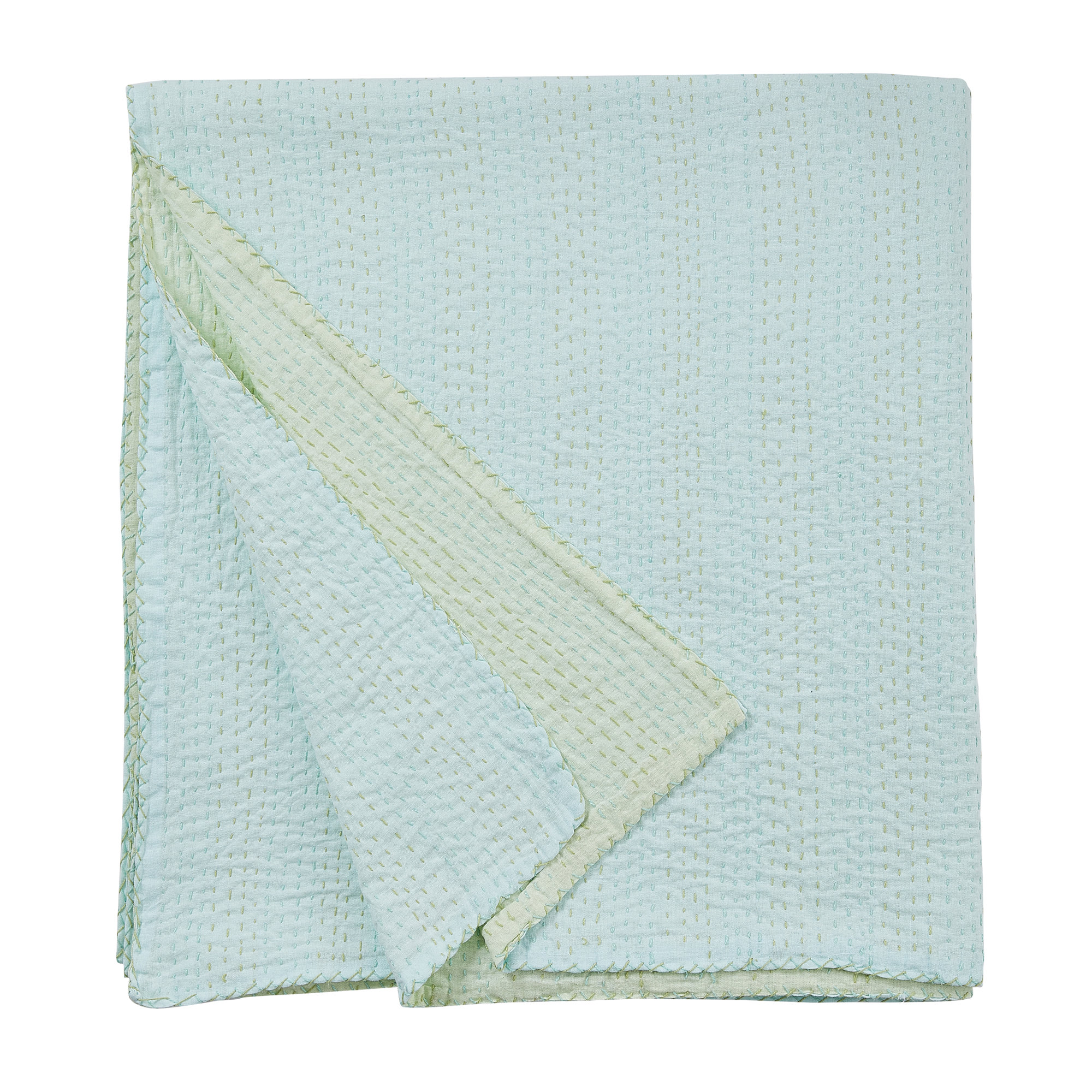 Handstitch Reversible Color Kantha Coverlet, Twin Extra Long Coverlet, Teal