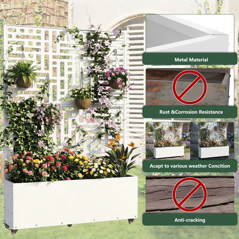 Metal Planter Box with Trellis (Set of 2), White
