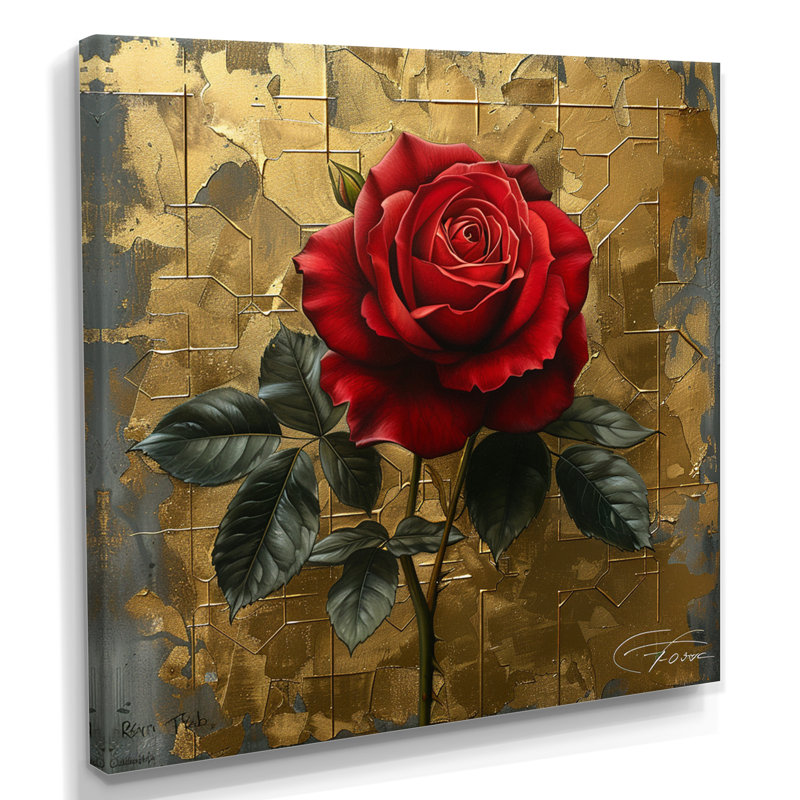 Rose rouge géométrique rétro or I - rose art mural salon, Toile tendue, H 30 po x l 30 po x P 1 po