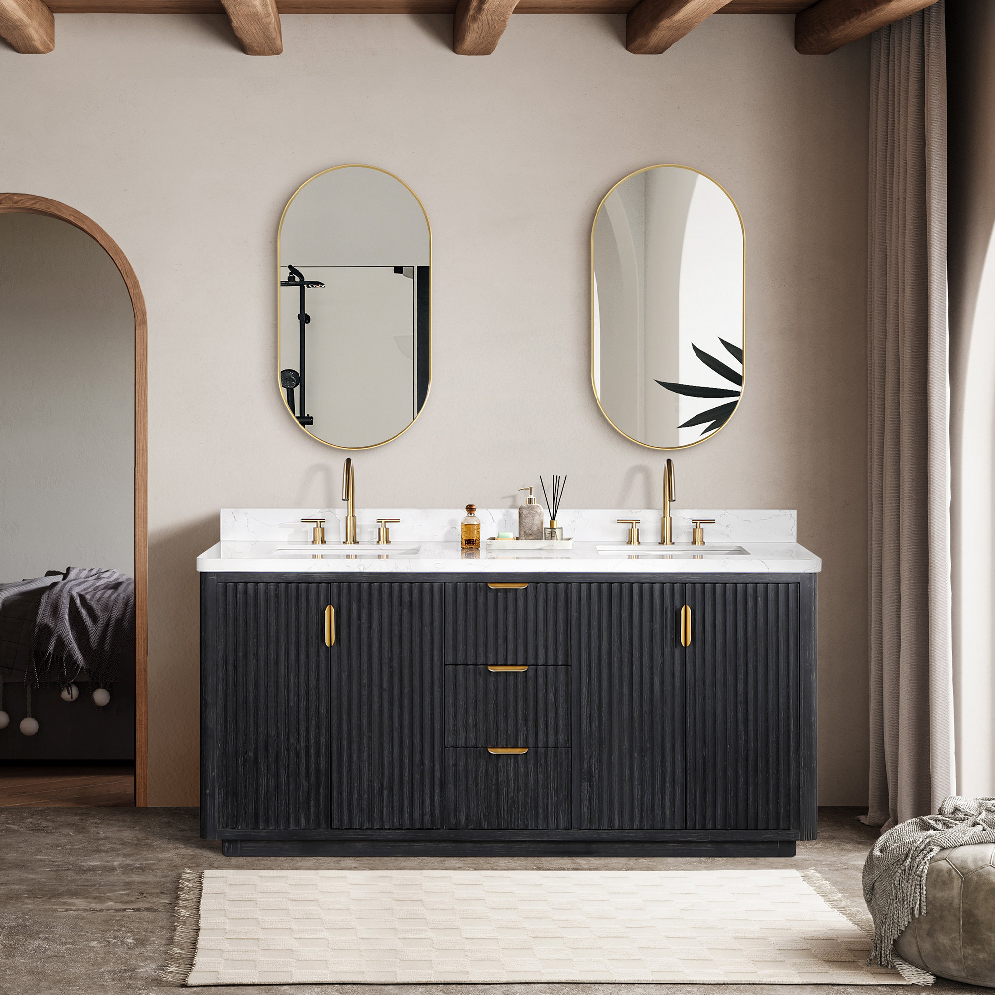 Adela 72'' Double Bathroom Vanity, Black, Gold, White