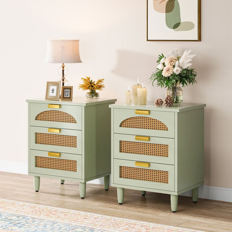 Attis 3-Drawer Rattan Nightstand, Green
