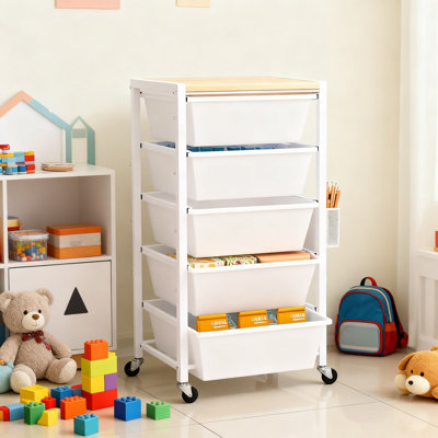 Chariot de rangement roulant à 5 tiroirs avec plateau en bois, panneaux perforés et panier - Chariot mobile pour la maison, le bureau et la salle de classe
