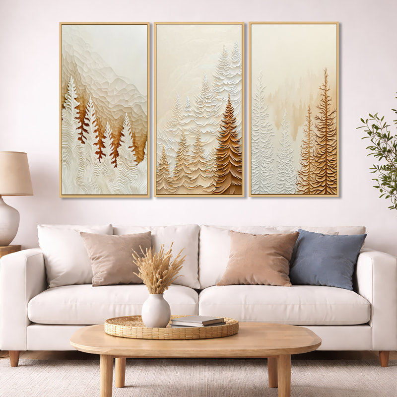 Mist Over the Pines Autumn Forest - White Landscape, art mural 3 pièces, H 32 po x l 48 po, Cadre flottant en bois naturel