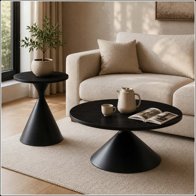Ensemble de 2 tables basses rondes avec plateau noir et base en acier, 21.9" H x 27.6" W x 27.6" D, Black