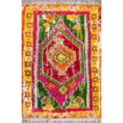Thierry Fiesta Medallion Performance Shag Pink/Green Rug