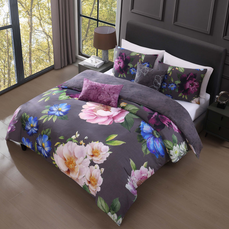 Elegant Blossoms Gray Cotton Queen Reversible Comforter Set