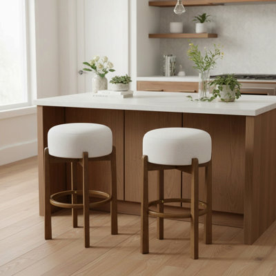 Indoor Wooden Upholstered Bar Stool, Dark Walnut Finish And Ivory Upholstery, Set Of 2