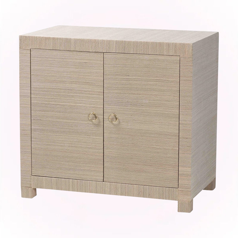 Solution de rangement console 2 portes avec poignées anneaux dorées en toile de ramie naturelle Mitch
