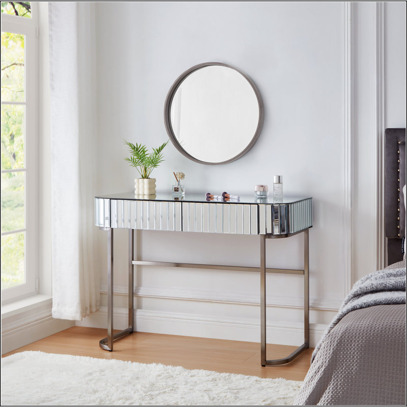 39" Mirrored Makeup Vanity Table with Stainless Steel Base, Mirrored Console Dressing Table with 2 Drawers,Versatile Desk for Bedroom and Office