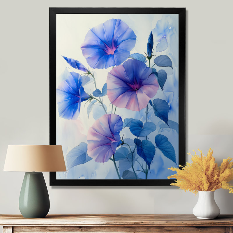 «Garden of Blue Morning Glory Bloom I - Morning Glory», art mural salon, Cadre simple noir, H 16 po x l 32 po