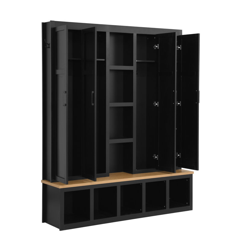 James 62.9" Farmhouse 4-in-1 Hall Tree with Shoe Bench & Hooks, Black