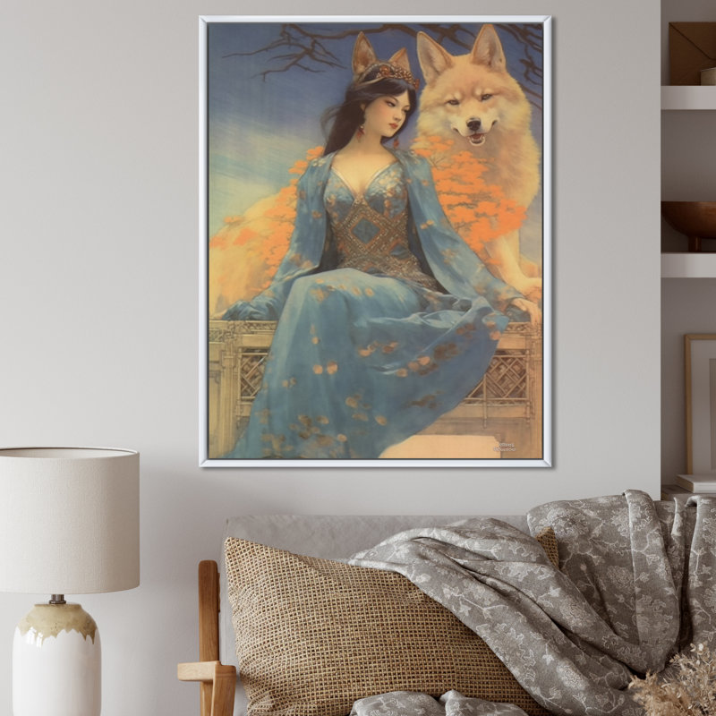 Cosmic Fox with Mystical Woman - reproduction sur toile, Cadre flottant blanc, H 40 po x l 30 po x P 1,5 po